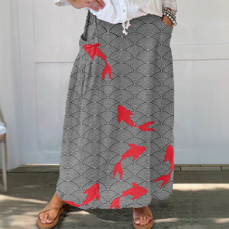 Women's Japanese Goldfish Art Print Casual Pocket Skirt - Black - 5XL - image 1