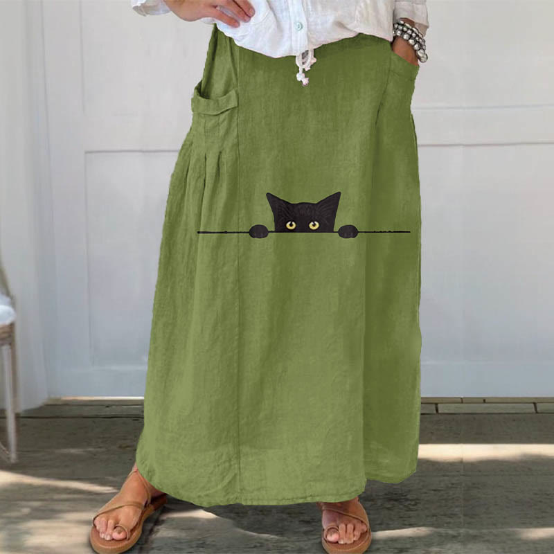 Women's Casual Black Cat Print Casual Pocket Skirt - Green - 5XL - image 2