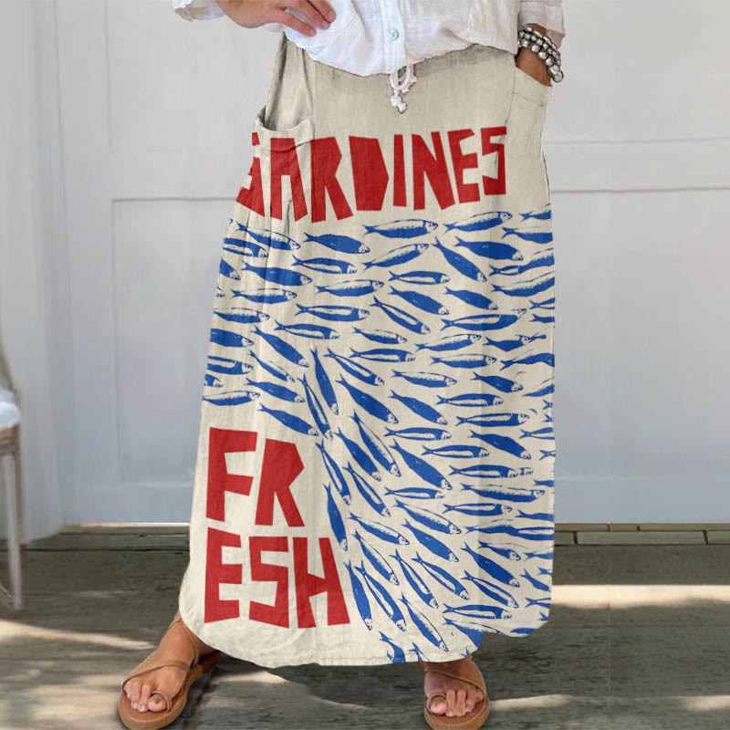 Women's Casual Fresh Sardines Art Print Casual Pocket Skirt - Apricot - 5XL - image 1