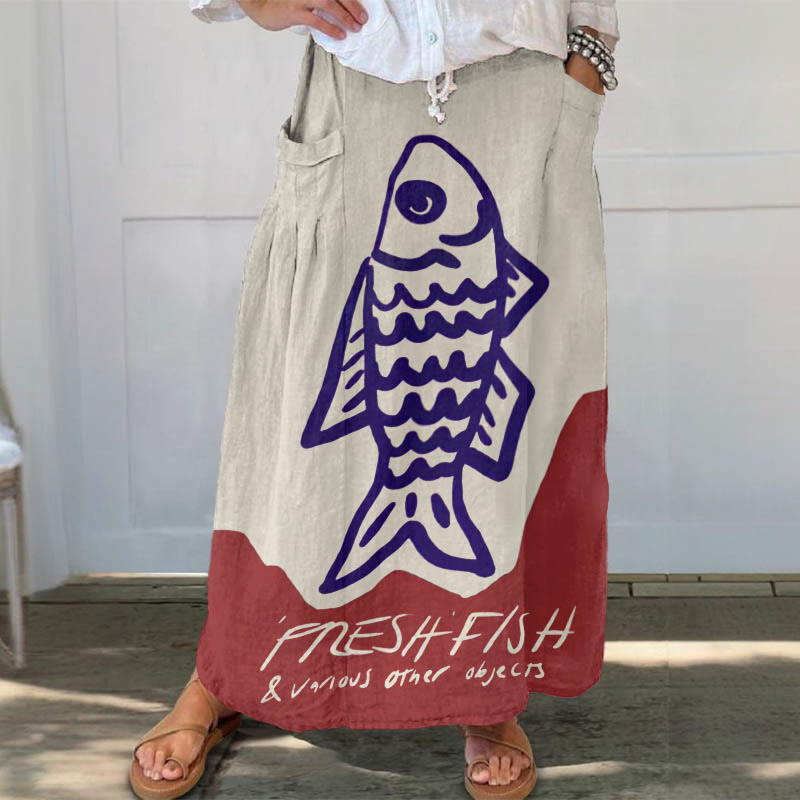 Women's Silme Drawing Pnesh Fish Art Print Casual Pocket Skirt - Apricot - 5XL - image 1