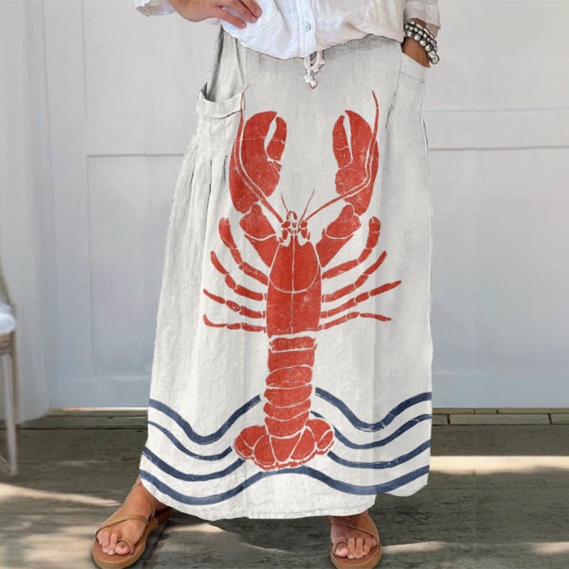 Women's Vintage Lobster Art Print Casual Pocket Skirt - Apricot - 5XL - image 1