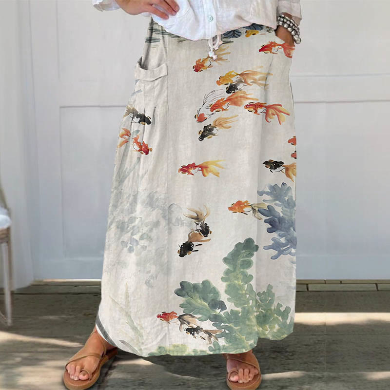 Women's Watercolor Goldfish Art Print Casual Pocket Skirt - Apricot - 5XL - image 1