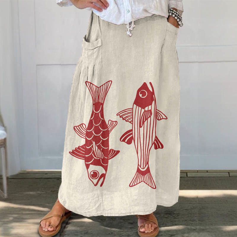 Women's Vintage Red Fish Print Casual Pocket Skirt - Apricot - 5XL - image 1