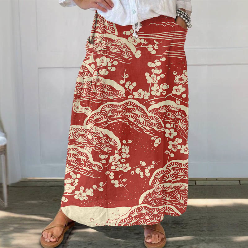 Women's Japanese Art Plum Blossom Print Casual Pocket Skirt - Red - 5XL - image 1