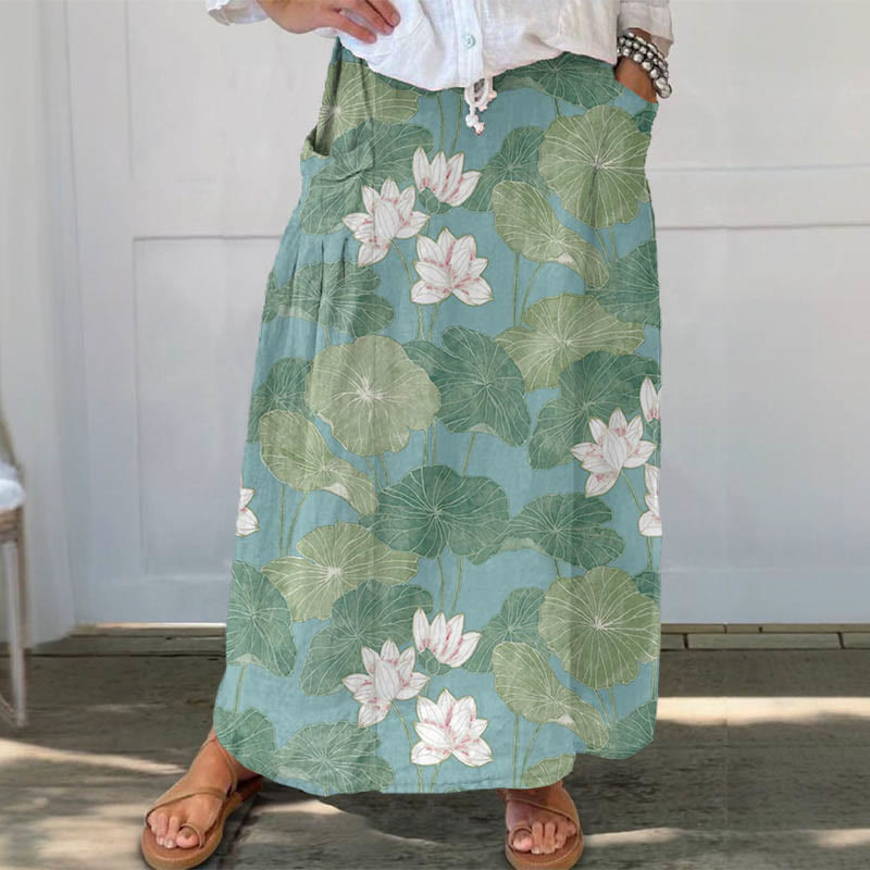 Women's Vintage Lovely Lily Art Print Casual Pocket Skirt - Green - 5XL - image 1