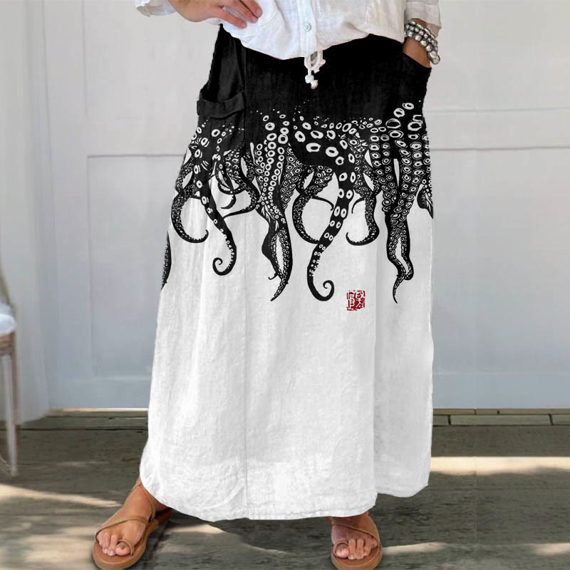 Women's Black Octopus Art Print Casual Pocket Skirt - White - 5XL - image 1