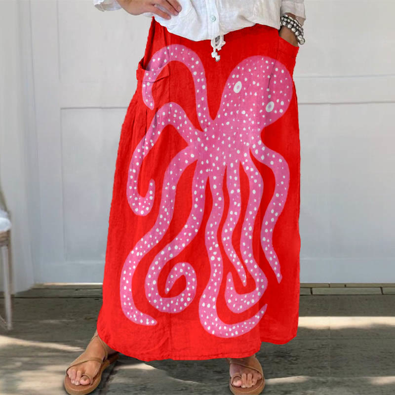 Oil Painting Pink Octopus Art Print Casual Pocket Skirt - Red - 5XL - image 1