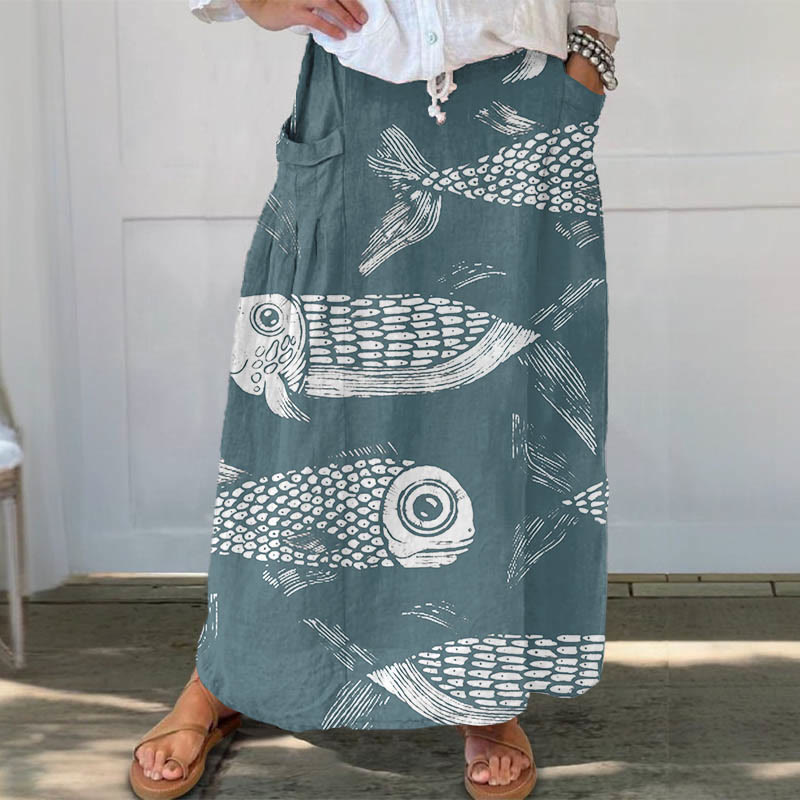 Big Eye Fish With Scales Art Print Casual Pocket Skirt - Blue - 5XL - image 1