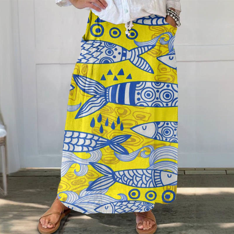 Funny Fish Tails Art Print Casual Pocket Skirt - Yellow - 5XL - image 1