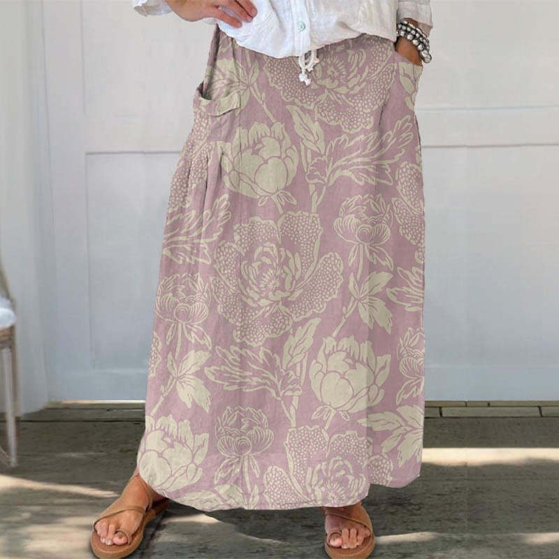 Vintage Floral Art Print Casual Pocket Skirt - Pink - 5XL - image 1