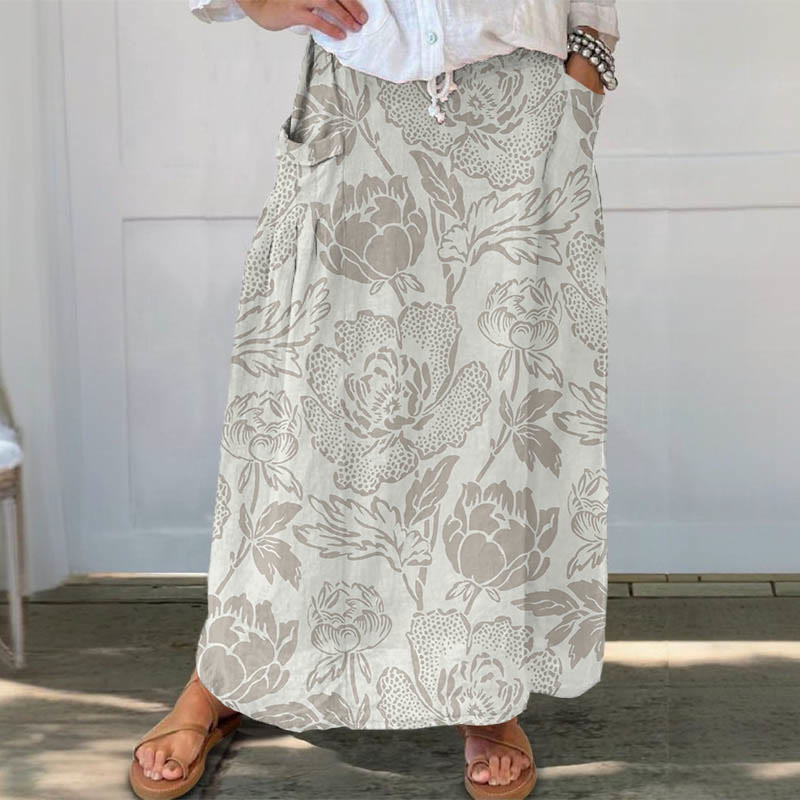 Vintage Floral Art Print Casual Pocket Skirt - Grey - 5XL - image 3