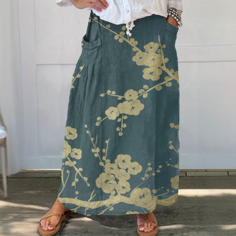 Japanese Floral Art Print Casual Pocket Skirt - Dark Green - 5XL - image 1