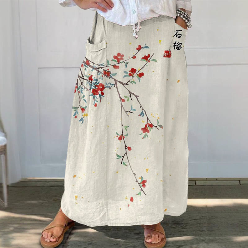 Watercolor Pomegranate Flower Art Casual Pocket Skirt - Apricot - 5XL - image 1