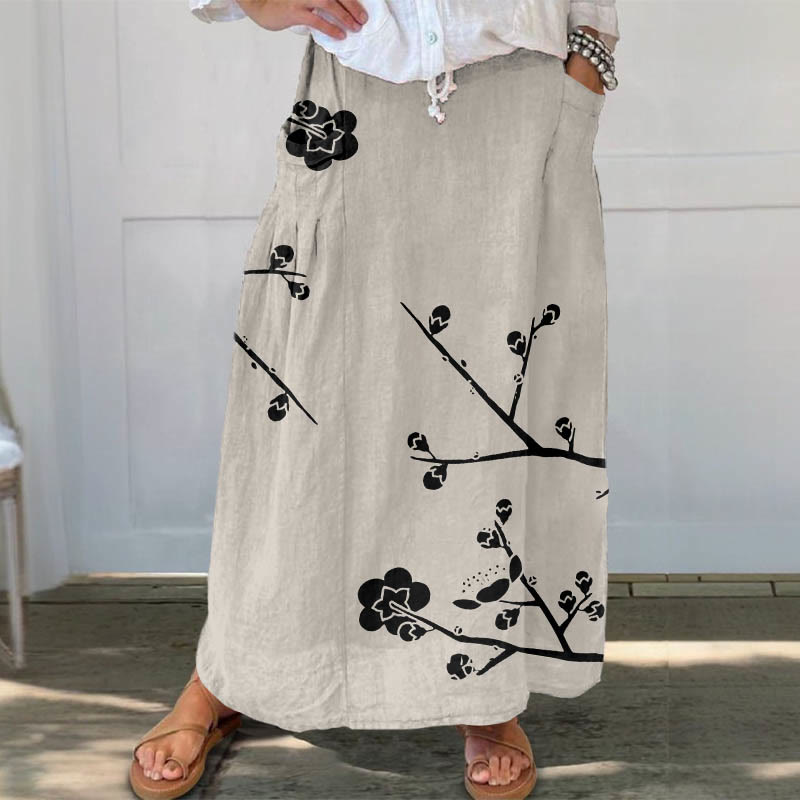 Japanese Ink Sakura Art Print Casual Pocket Skirt - Apricot - 5XL - image 1