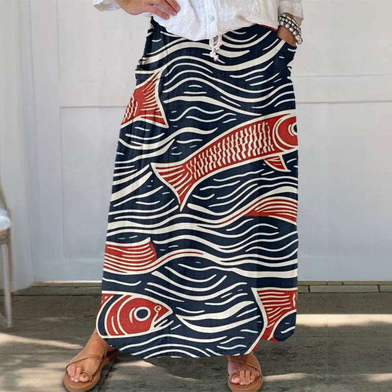 Funny Wavy Abstract Fish Art Print Casual Pocket Skirt - Black - 5XL - image 1