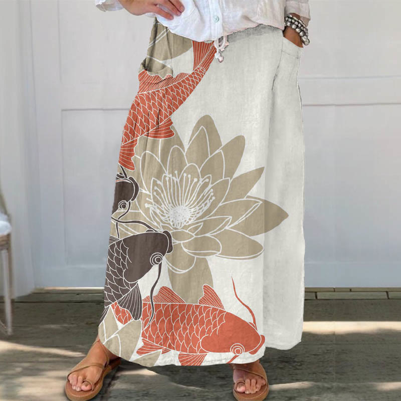 Good Luck Koi Fish Lotus Print Casual Pocket Skirt - Apricot - 5XL - image 1