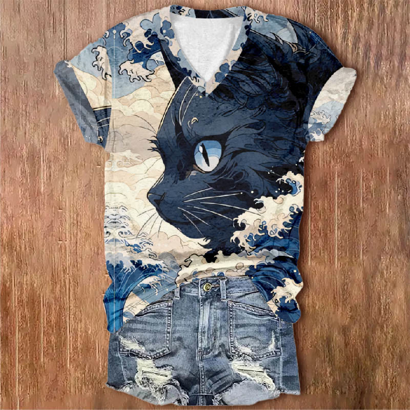 Women's Elegant Cat Surrounded By Ocean Waves Print V-neck Short-sleeved T-shirt - Blue - 5XL - image 1