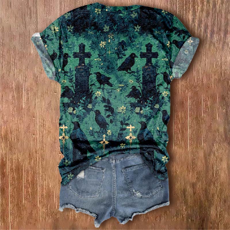 Women's Tombstone Raven Floral Print V-neck Short-sleeved T-shirt - image 2