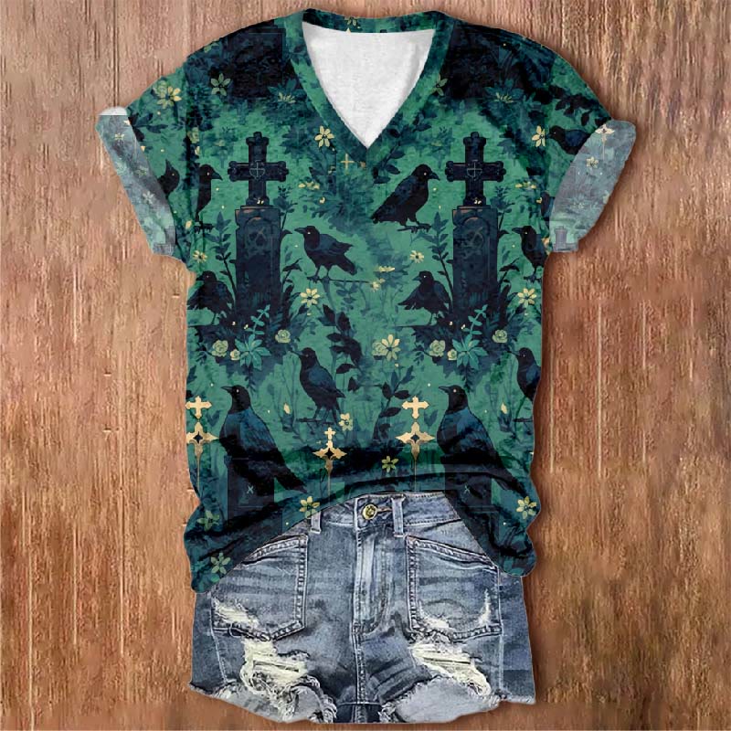 Women's Tombstone Raven Floral Print V-neck Short-sleeved T-shirt - Green - 5XL - image 1