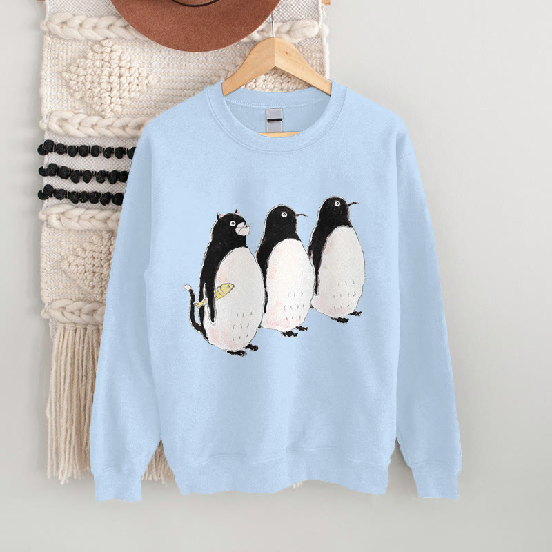100% Cotton Cute Cosplay Penguin Cat Print Casual Fleece Women's Sweatshirt - Light Blue - 2XL - image 1