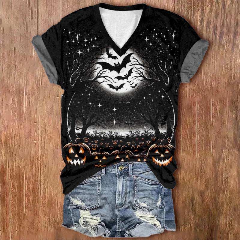 Women's Starry Sky Raven Pumpkin Tree Print V-neck Short-sleeved T-shirt - Black - 5XL - image 1