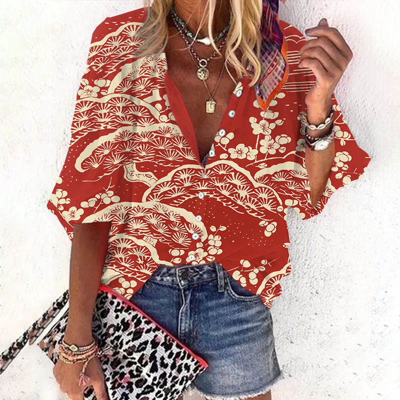 Women's Japanese Art Plum Blossom Print Casual 3/4 Sleeve Blouse - Red - 6XL - image 1