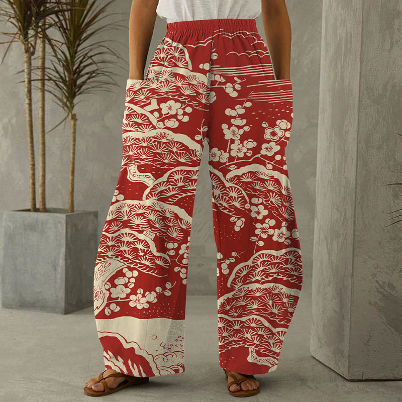 Women's Japanese Art Plum Blossom Print Casual Pants