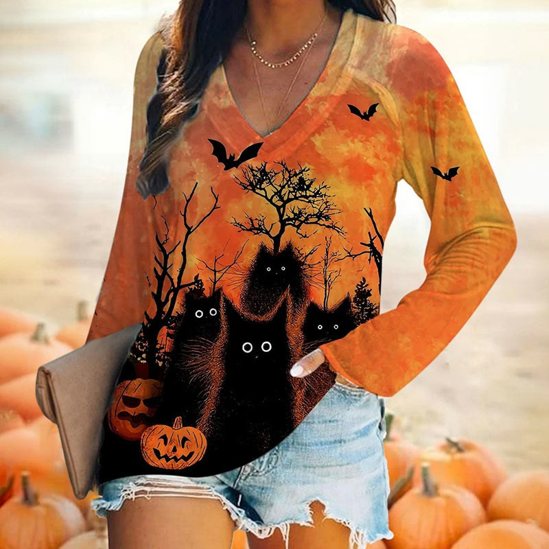 Halloween Black Cat Print V-neck Long Sleeve T-shirt - Orange - 5XL - image 1