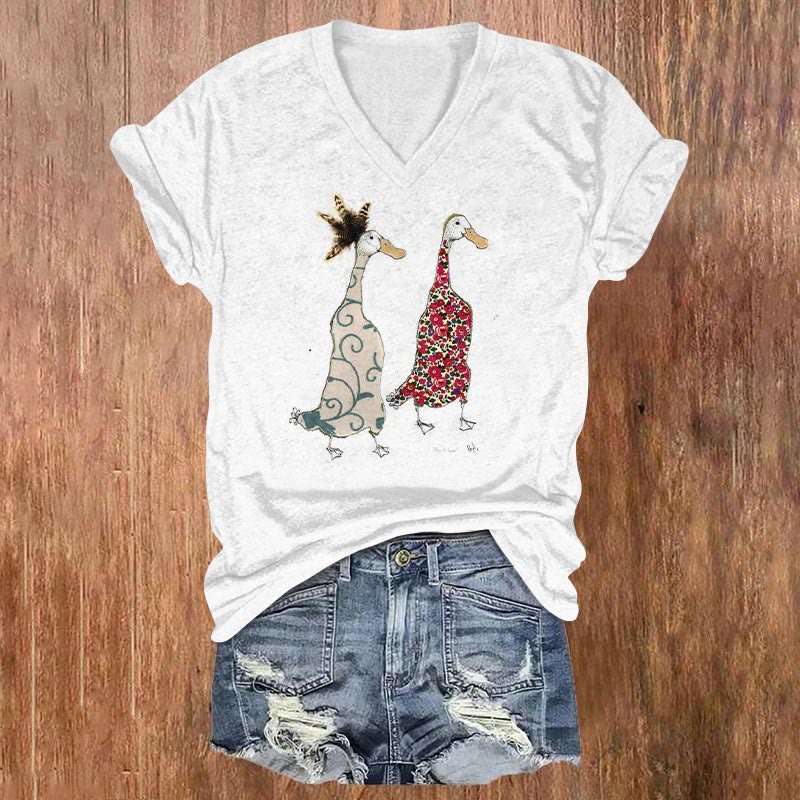 Vintage Floral Duck Funny Print V-neck T-shirt - White - 5XL - image 1