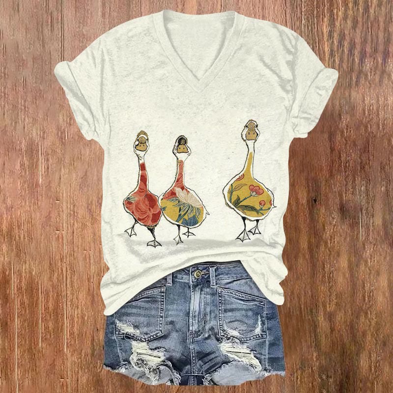 Vintage Japanese Floral Duck Print V-neck T-shirt - Beige - 5XL - image 1