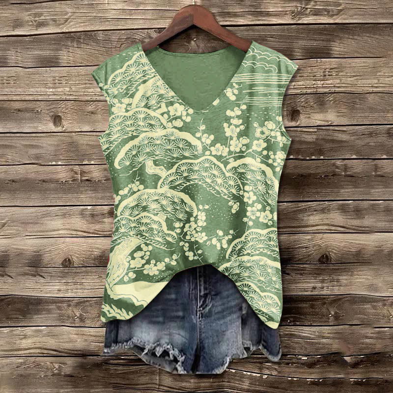 Women's Japanese Art Plum Blossom Print Women's Casual V-neck Tank Top