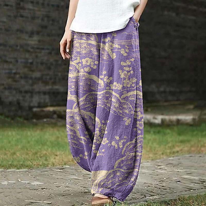 Women's Japanese Art Plum Blossom Print Casual Pants