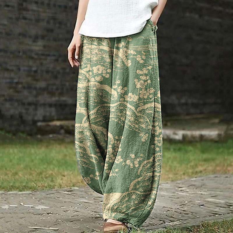 Women's Japanese Art Plum Blossom Print Casual Pants