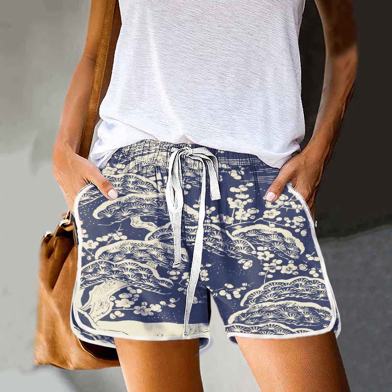 Women's Japanese Art Plum Blossom Print Drawstring Pocket Shorts