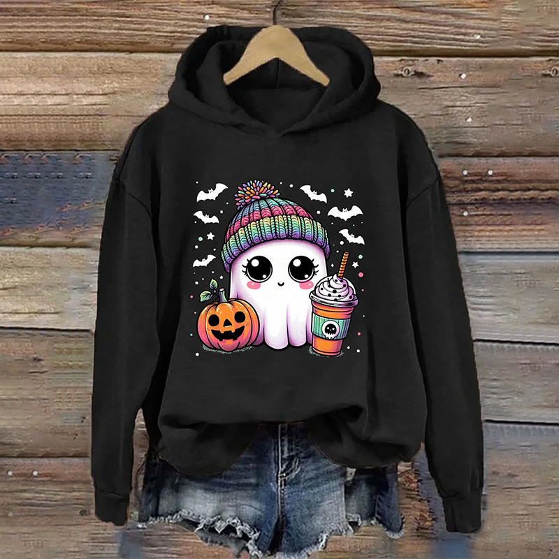 Dashingsoul Cute Ghost Coffee Halloween Print Casual Long Sleeve Hoodie