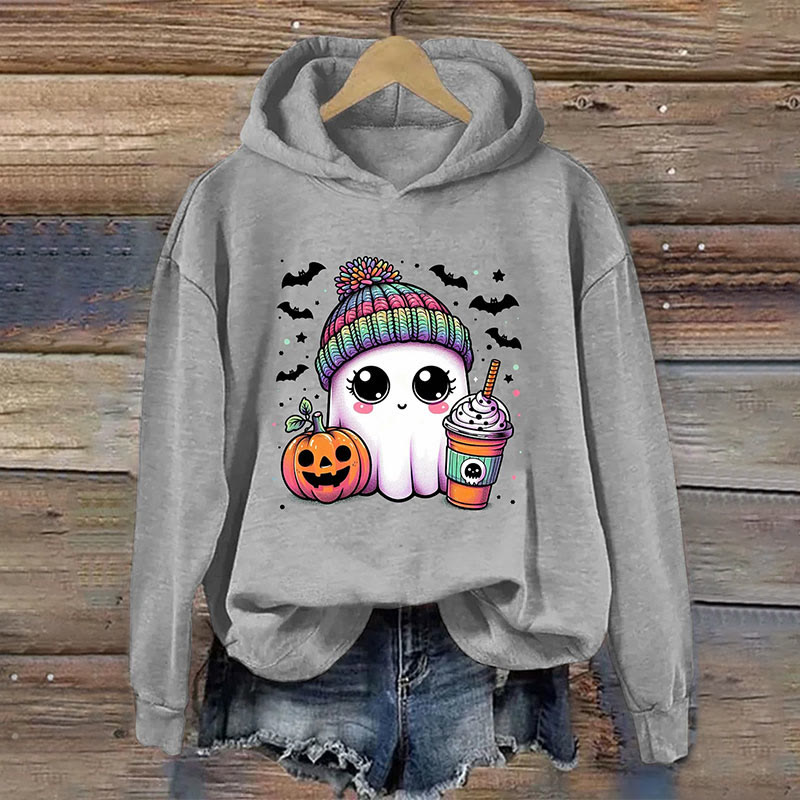 Dashingsoul Cute Ghost Coffee Halloween Print Casual Long Sleeve Hoodie