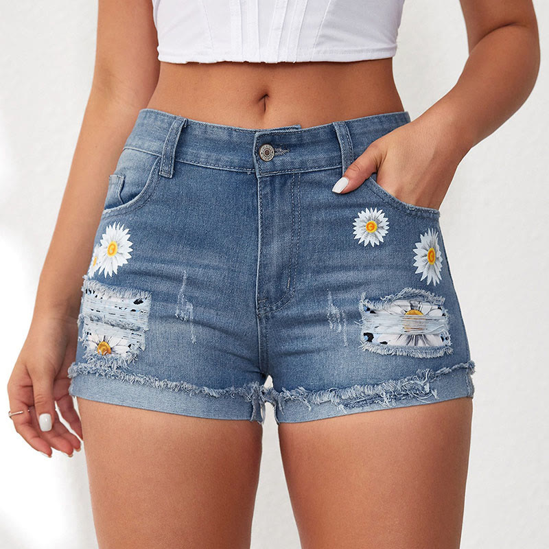 Casual Fringed Ripped Daisy Print Denim Shorts - Blue - XL - image 1