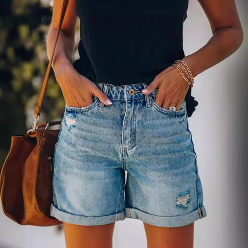 Casual Ripped Hem High Waist A-line Denim Shorts - image 2