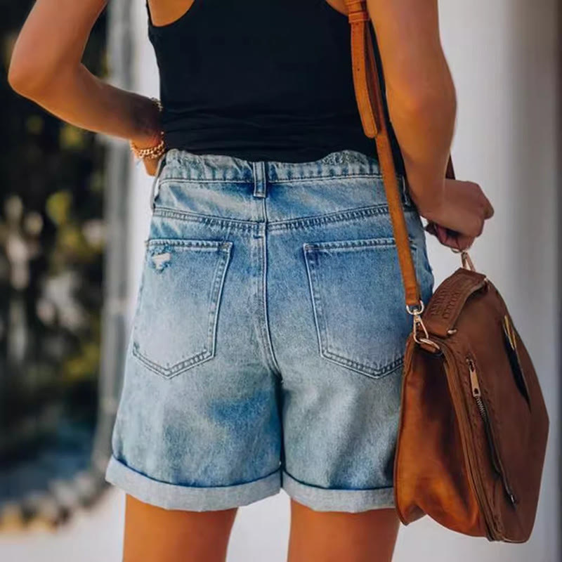 Casual Ripped Hem High Waist A-line Denim Shorts - image 4