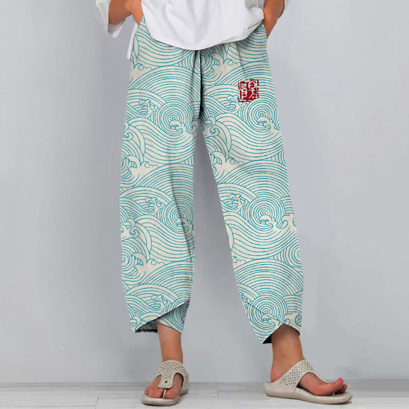 The Silent Dance Of Waves Japanese Art Print Drawstring Pocket Women's Pants - Blue - 8XL - image 1