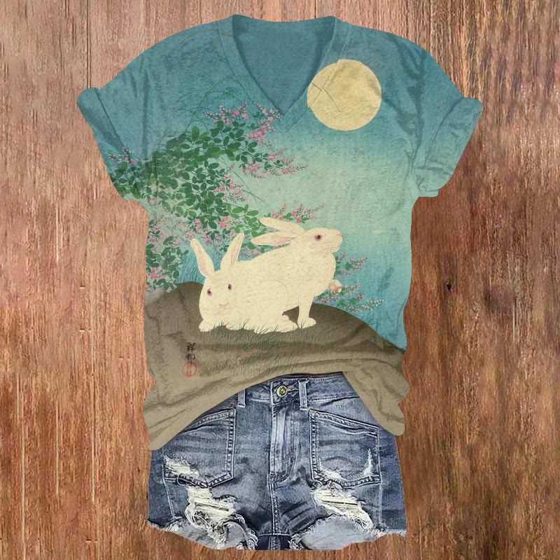 Dashingsoul Retro Moonlight Rabbit Japanese Style Print V-neck Short-sleeved T-shirt