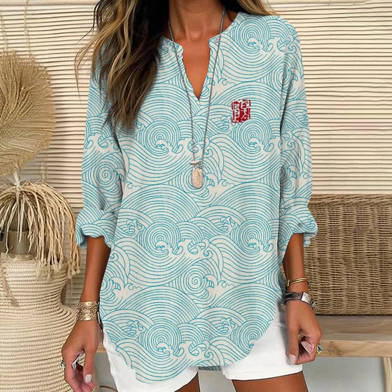 Dashingsoul The Silent Dance Of Waves Japanese Art Print V Neck Long Sleeve Blouse