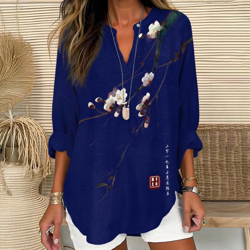 Dashingsoul Vintage Plum Blossom Art Print V Neck Long Sleeve Blouse