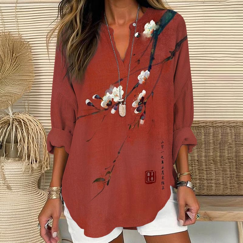 Dashingsoul Vintage Plum Blossom Art Print V Neck Long Sleeve Blouse