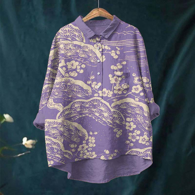 Women's Japanese Art Plum Blossom Print Casual Lapel Blouse