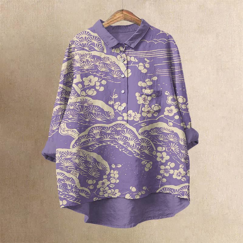 Women's Japanese Art Plum Blossom Print Casual Lapel Blouse