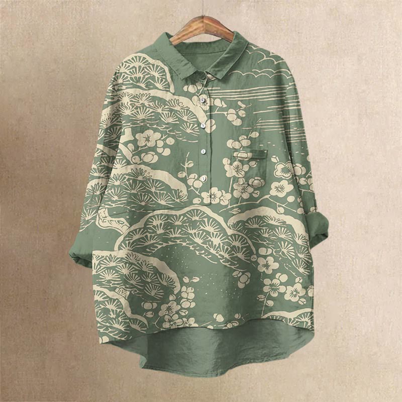 Women's Japanese Art Plum Blossom Print Casual Lapel Blouse