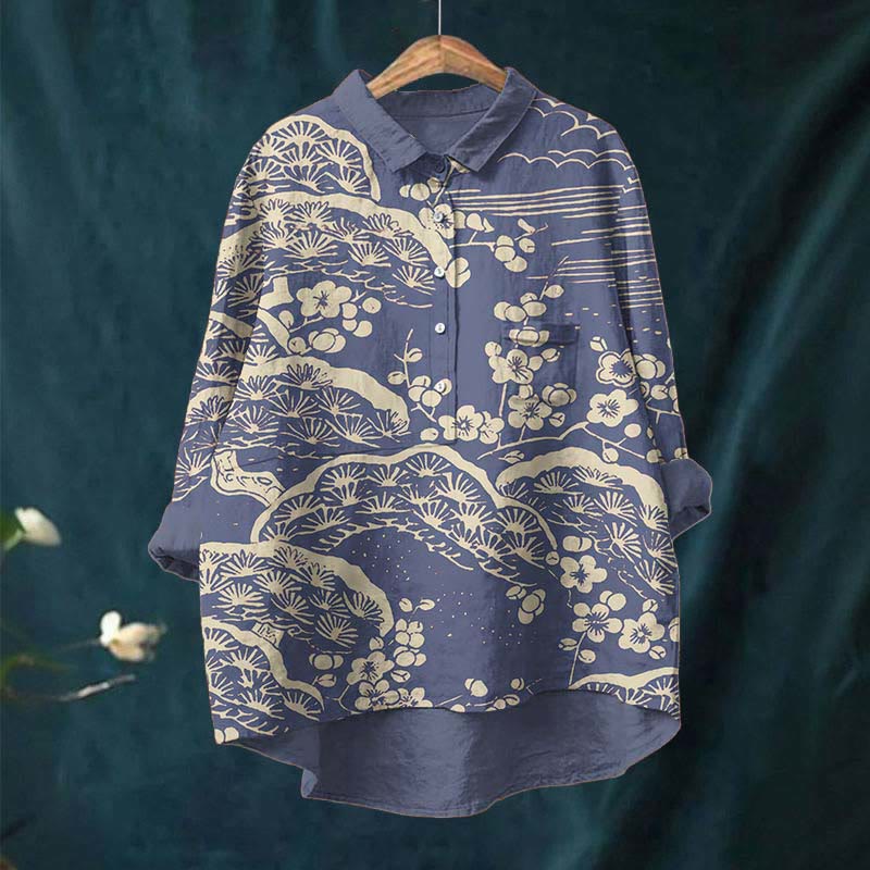Women's Japanese Art Plum Blossom Print Casual Lapel Blouse
