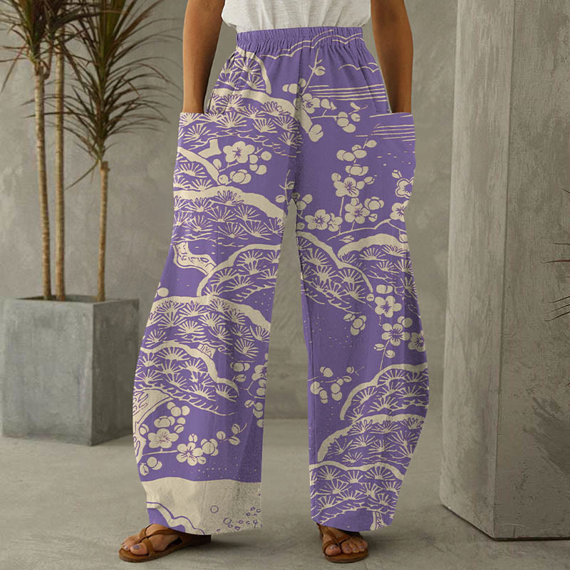 Women's Japanese Art Plum Blossom Print Casual Pants