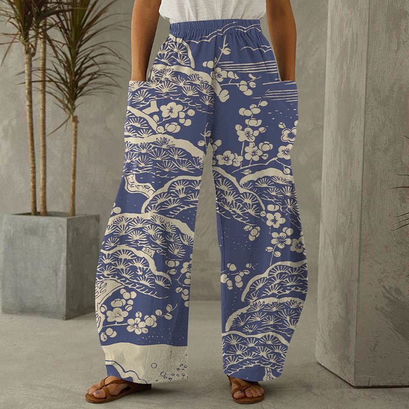 Women's Japanese Art Plum Blossom Print Casual Pants